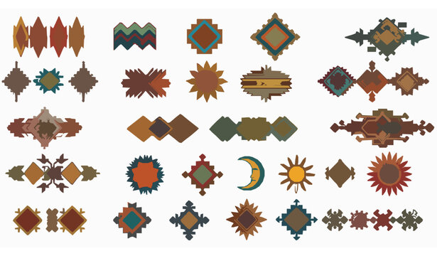 Hand drawn Aztec geometric vector set with colorful Mexican tribal motifs and native culture symbols