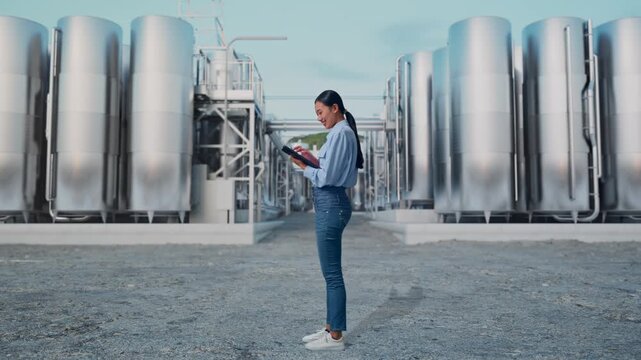 Full Body Side View Of Asian Female With Her Tablet at Chemical Plant with Row of Stainless Steel Storage Silos, Working Continuously With Her Tablet