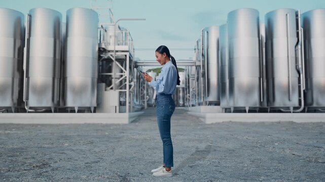 Full Body Side View Of Asian Female With Her Phone at Chemical Plant with Row of Stainless Steel Storage Silos, Working Continuously With Her Phone