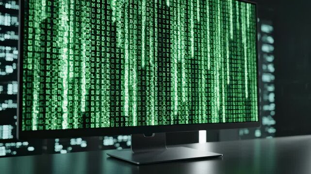 This shows a computer monitor with a green code matrix on the screen, indicating technical difficulties and an error message. The dark background adds to the futuristic and cyber security theme.
