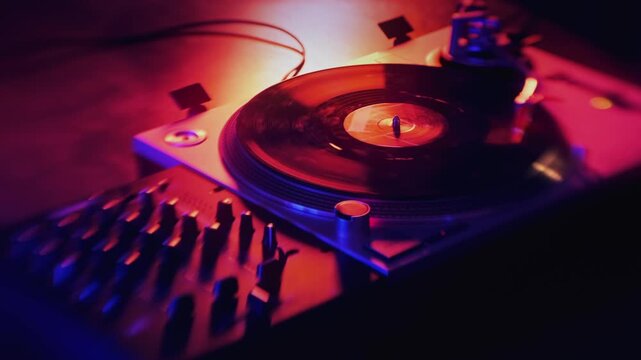 Professional turntable spinning vinyl record at night with neon pink and blue lighting and motion.