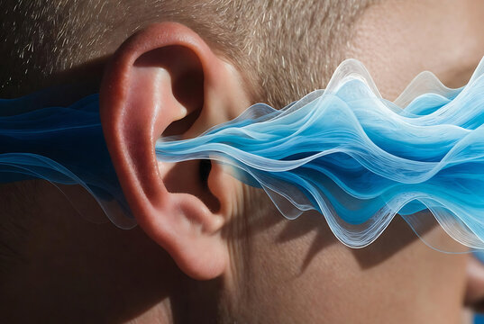 A human ear is overlaid with abstract blue sound waves, suggesting the experience of hearing.