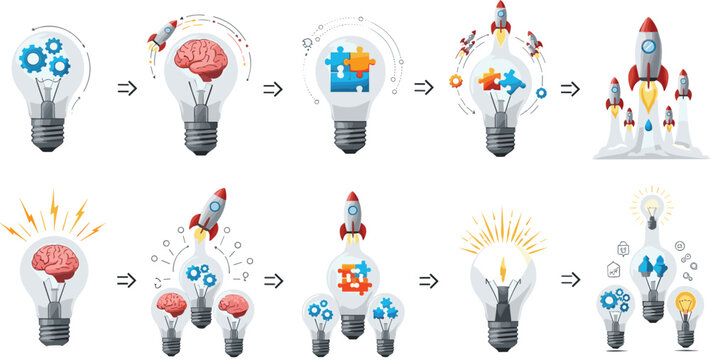 Creative idea process concept with light bulbs brain gears rocket launch and innovation steps, business startup growth vector set isolated on white background
