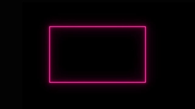 Neon pink glowing rectangle line draws and animates on a black background forming an empty frame with copy space, motion graphic animation