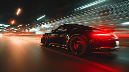 Black sports car speeding through city at night with dramatic motion blur and light trails