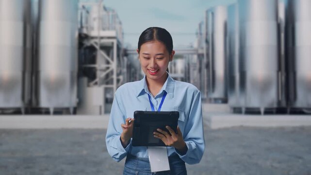 Asian Female With Her Tablet at Chemical Plant with Row of Stainless Steel Storage Silos, Work Continuously With Her Tablet