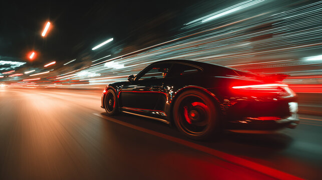 Black sports car speeding through city at night with dramatic motion blur and light trails