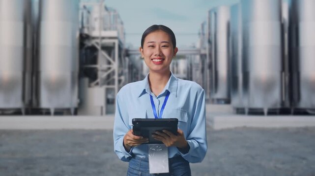 Asian Female With Her Tablet at Chemical Plant with Row of Stainless Steel Storage Silos, She Is Looking At The Camera With A Smile