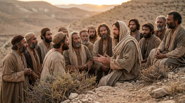 Jesus Speaking to His Disciples in a Desert Landscape