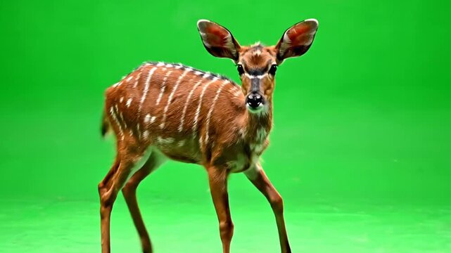 A young striped and spotted deer-like animal, possibly a nyala calf, stands against a vibrant green screen background, looking directly forward.