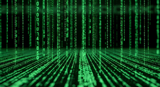 Abstract digital matrix code background, green binary data stream technology concept