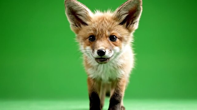 Adorable young red fox kit with large ears looking directly at the viewer against a vibrant green studio background.