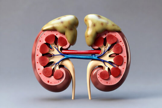 Two human kidneys are displayed, illustrating their internal structure and blood vessels.