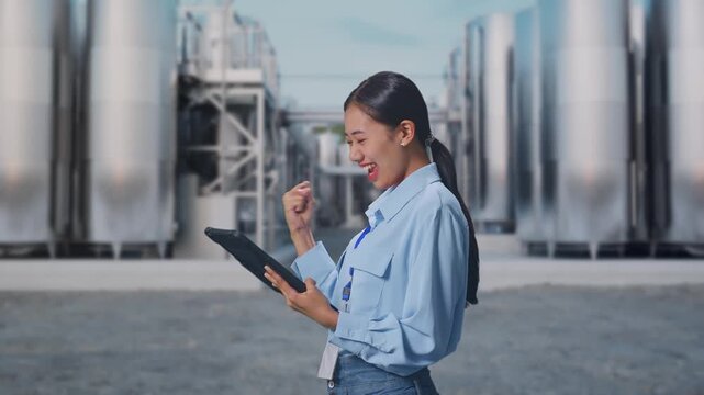 Side View Of Asian Female With Her Tablet at Chemical Plant with Row of Stainless Steel Storage Silos, She Raises Her Fist Up With Screaming Goal After Check On The Tablet