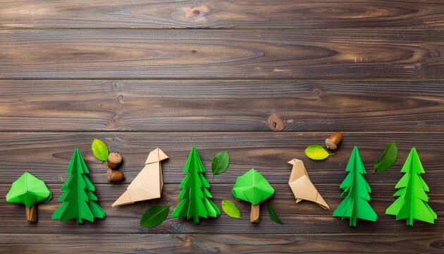 Top View Origami Paper Trees and Animals on Wood Surface