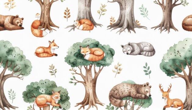 Whimsical Watercolor Illustration of Animals in Oak Tree Roots