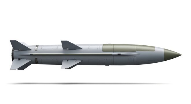 Modern military missile, aerial weapon on white background, guided projectile for defense or warfare concept. Advanced aerospace technology for combat aviation.