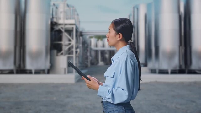 Side View Of Asian Female Professional Worker at Chemical Plant with Row of Stainless Steel Storage Silos, Observes By Looking Up Before She Come To Concentrating On The Tablet And Keep On Checking