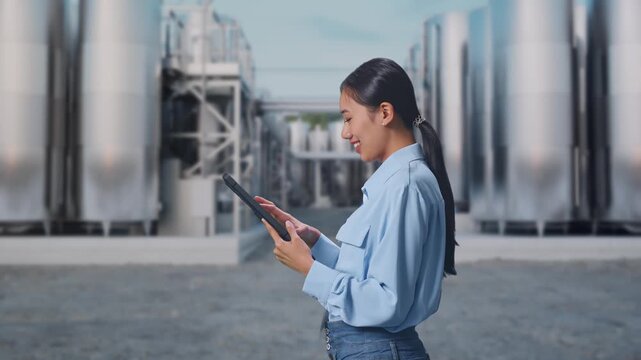 Side View Of Asian Female With Her Tablet at Chemical Plant with Row of Stainless Steel Storage Silos, Checking On Her Tablet With Meditation