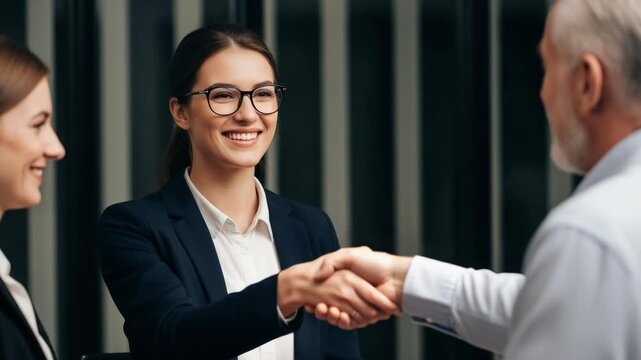 Businesswoman shaking hands with colleague or client in professional setting
