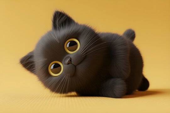 charming digital illustration of a fluffy baby black cat with expressive eyes and soft fur texture looking curiously at the camera