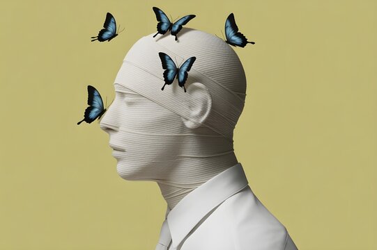 surreal conceptual portrait of a man with his head wrapped in white bandages and covered in black butterflies representing mental health and transformation