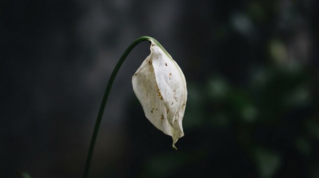 Close-up of a withered flower against a dark blurred background, symbolizing decay, decline, fragility, and the passage of time in a minimalist artistic style