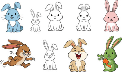 Naklejka premium Cute Bunny Character Collection with Different Styles Expressions and Poses Cartoon Illustration Set for Kids Design Projects