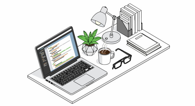 Modern Isometric Desk Setup for Programming and Remote Work featuring Laptop with Code, Coffee, Lamp, and Plant