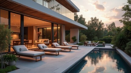 Fototapeta premium Modern luxury villa with a pool and outdoor lounge area at sunset, showcasing contemporary architecture and serene ambiance.