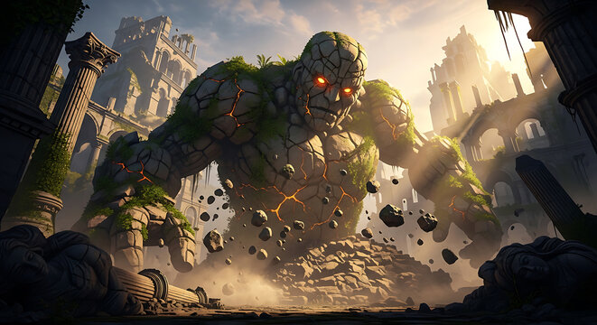A massive stone golem monster rising from ancient ruins with glowing orange lava cracks and eyes amidst crumbling pillars and arches in golden light.