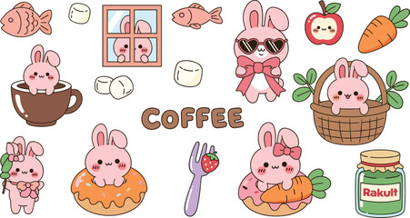 Obraz premium Cute Bunny Coffee Theme Collection with Cup Donut Fruits Basket and Cozy Elements Kawaii Cartoon Illustration Set for Cafe Design