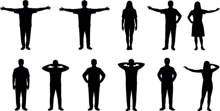 Collection of human silhouettes in various poses including standing, pointing, relaxed and arms spread, men and women isolated vector illustration set