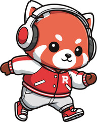 Cute Red Panda Mascot Wearing Headphones and Streetwear Jacket Vector Illustration. © VICI