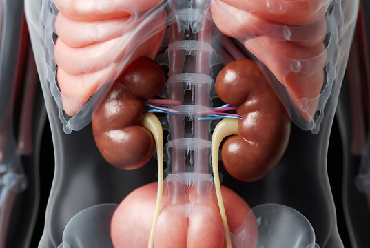 This image depicts a human anatomy rendering of the kidneys, ureters, and bladder.