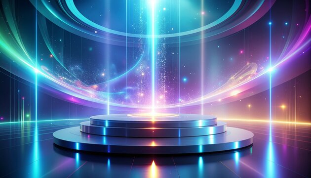 Futuristic circular podium with vibrant holographic light beams in digital void