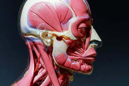 An anatomical illustration of a human head and neck, highlighting facial muscles and underlying blood vessels.