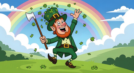Obraz premium Happy Cartoon Leprechaun Dancing with Rainbow and Shamrock St Patricks Day Festive Illustration