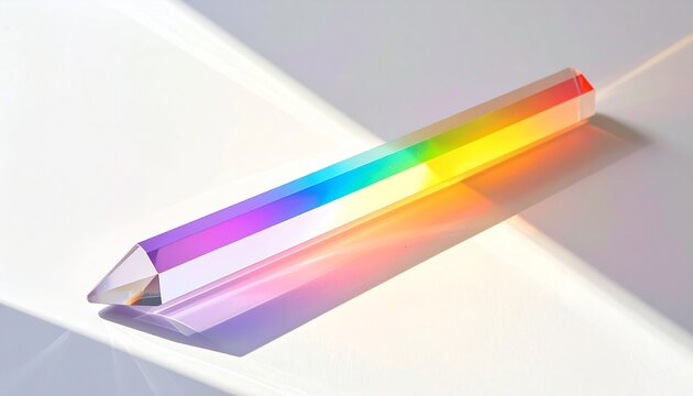 3d glass prism refracting vibrant rainbow light spectrum on white surface