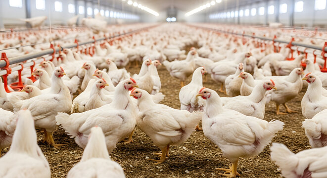 Large flock of white broiler chickens standing densely on litter floor under bright lights in long spacious commercial poultry house barn