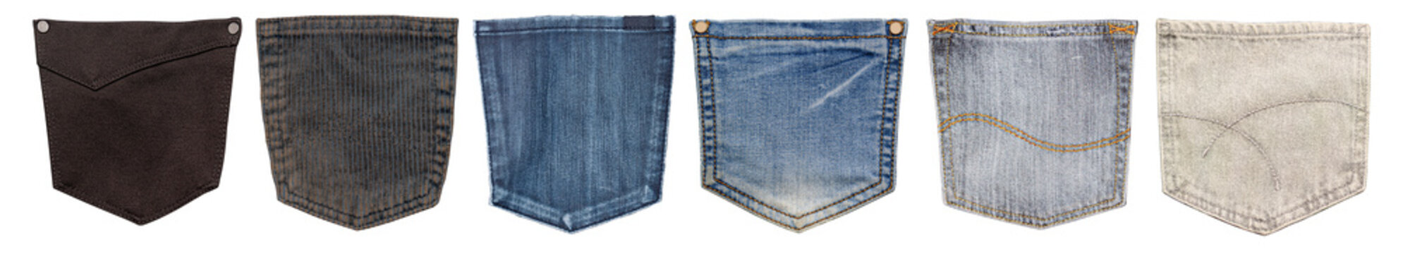 Collection of denim pockets showing fabric texture and fashion details