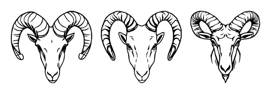 Aries zodiac sign set with black line art ram horns featuring astrology, horoscope, constellation with spirituality and mysticism