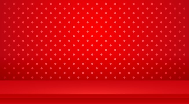 Empty red table on red polka dot wallpaper. Cozy home interior. Minimalistic background 3d.