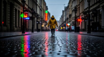 Obraz premium A person in a yellow raincoat walks down a wet, reflective city street at dusk, illuminated by colorful neon lights.