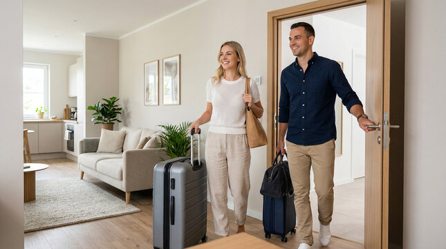 Young couple with suitcases entering the hotel room