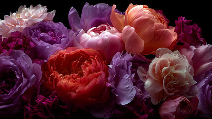 Obraz premium Roses and peonies on a dark background. Abstract floral design for prints, postcards or wallpaper 