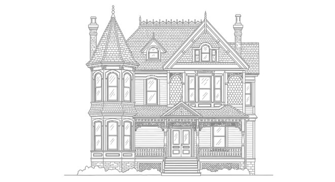 Detailed Victorian House Line Art Illustration on Isolated White Background