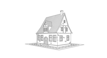 Fototapeta premium Detailed Outline Drawing of a Traditional House on Isolated White Background