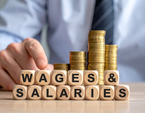 Wages & Salaries - Geschäftsmann zeigt auf das Wort "Wages & Salaries"