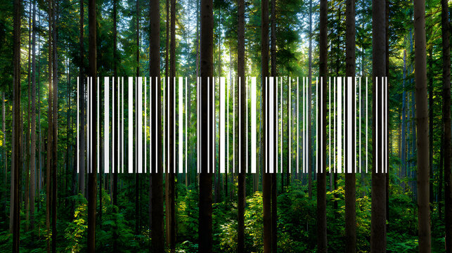 Bar code over a dense forest symbolizing environmental value and the commercialization of nature.